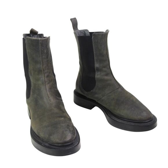 ALL BLACK GRAY REAL LEATHER LOW HEEL ROUND TOE ELASTIC SIDES ANKLE BOOTS Sz 37 - Picture 1 of 12